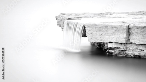 Small Waterfall Cascading Over Smooth Cliff Surface in Black and White