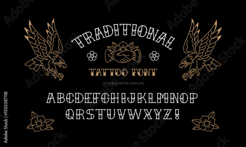 Old School tattoo vintage type font vector template for apparel print design. Traditional tattoo designs of eagle or hawk and rock style font. Old School Tattoo Alphabet	