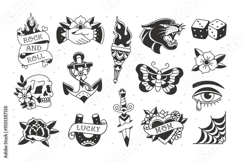 Perfect Old school traditional tattoo collection for stickers and apparel print design. Traditional tattoo symbols and old school elements set of panter head, anchor, torch, butterfly, lucky horseshoe
