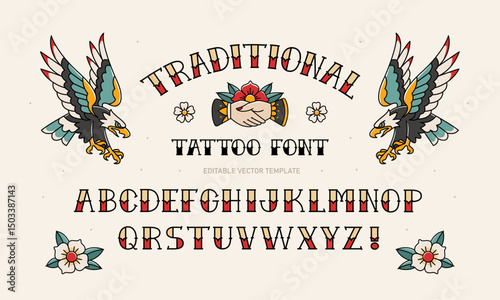 Perfect Old School tattoo designs with vintage type font vector template for apparel prints. Traditional tattoo designs of eagle or hawk and rock style font. Old School Tattoo Alphabet	