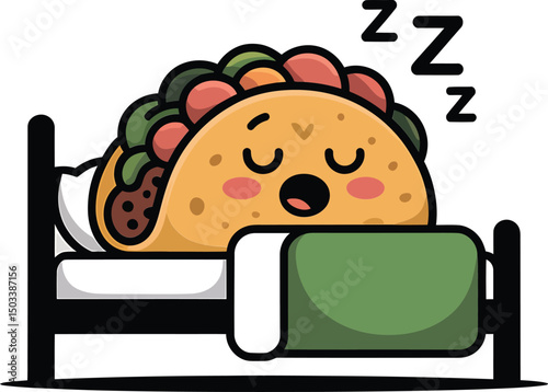 Cute cartoon taco character sleeping soundly in bed with a pillow and blanket