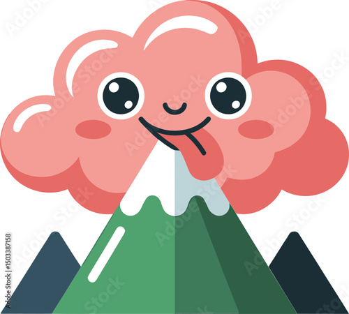 Cute cartoon mountain with a smiling cloud and playful tongue illustration on a white background