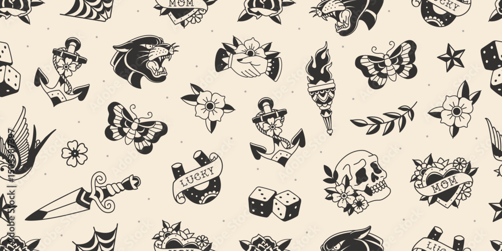 Old school tattoo pattern for apparel print design. Traditional tattoo background of Old School symbols, elements set of panther head, anchor, torch, butterfly, lucky horseshoe