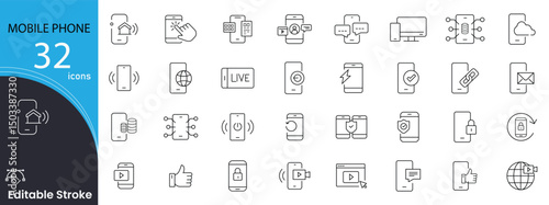 Mobile phone related icons set. Including smartphone, apps, call, message, screen, device, settings, and battery. Editable stroke. outline icons.