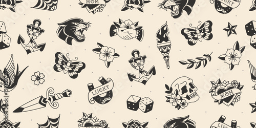 Old school tattoo pattern for apparel print design. Traditional tattoo background of Old School symbols, elements set of panther head, anchor, torch, butterfly, lucky horseshoe
