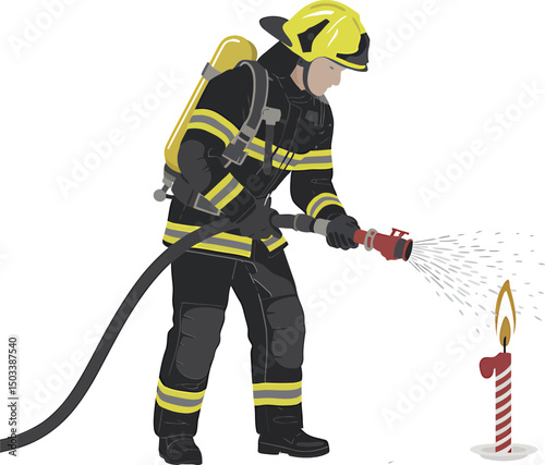 Firefighter extinguishing a candle with water to represent a birthday celebration