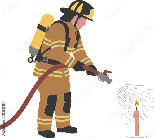 Firefighter extinguishing a lit birthday candle with water spray for protection and safety