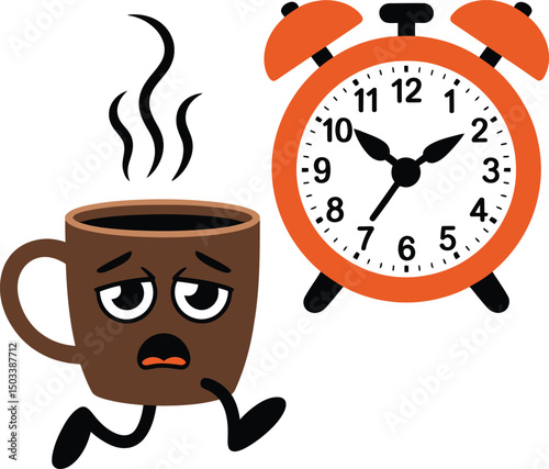 Funny cartoon coffee mug running late with alarm clock waking up in morning