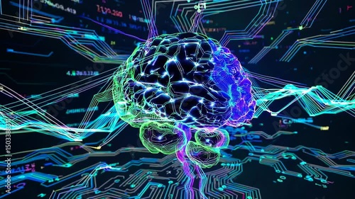 Digital AI Brain with Neural Network Data Streams and Futuristic Technology Animation