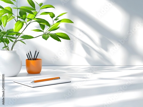 Bright Workspace Mockup with Green Plant and Orange Pencil Holder