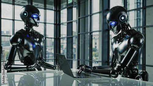Advanced AI Robots Collaborating with Laptop in Modern Corporate Office - Future Technology Business Concept