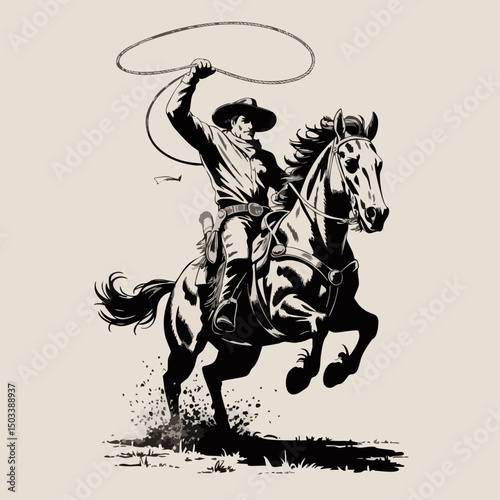 Dynamic Silhouette of Cowboy on Rearing Horse with Lasso – Bold Western Icon in Classic Black and White Rodeo Style	