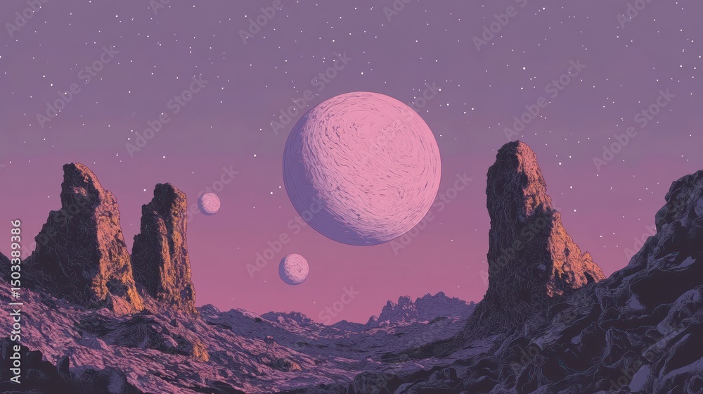 Naklejka premium Alien landscape with large pink moons