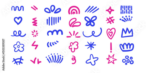 Curvy colorful Blue Pink Ink Thick Doddle Background set,Design element set,cute background decoration design Pack. 