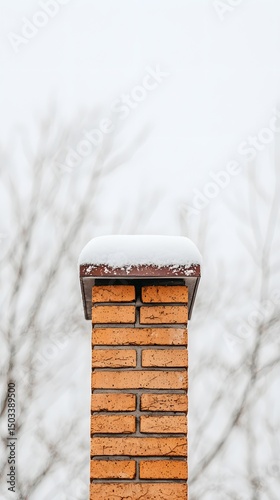 Snow Covered Brick Chimney on Rooftop in Winter