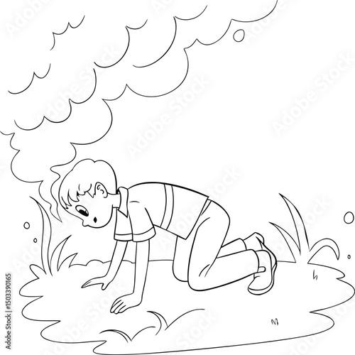 A boy is crawling under smoke of a fire vector illustration