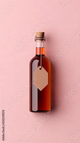 Brown Liquid in Glass Bottle with Kraft Tag on Pink Background