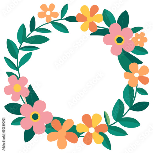 Bright Colorful Round Floral Wreath Frame with Leaves for Greeting or Invitation Design