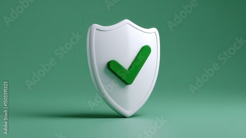 Ultra quality image of 3d rendering of a white shield with a green check mark, symbolizing security and protection.