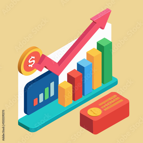 Vector illustration of a business growth bar chart with an upward arrow signifying financial success and market profit