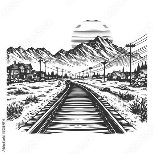 Vintage Railroad Tracks Through a Mountain Town