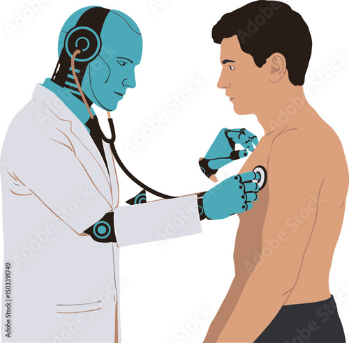 Robot doctor examining patient using a stethoscope illustrating artificial intelligence in healthcare