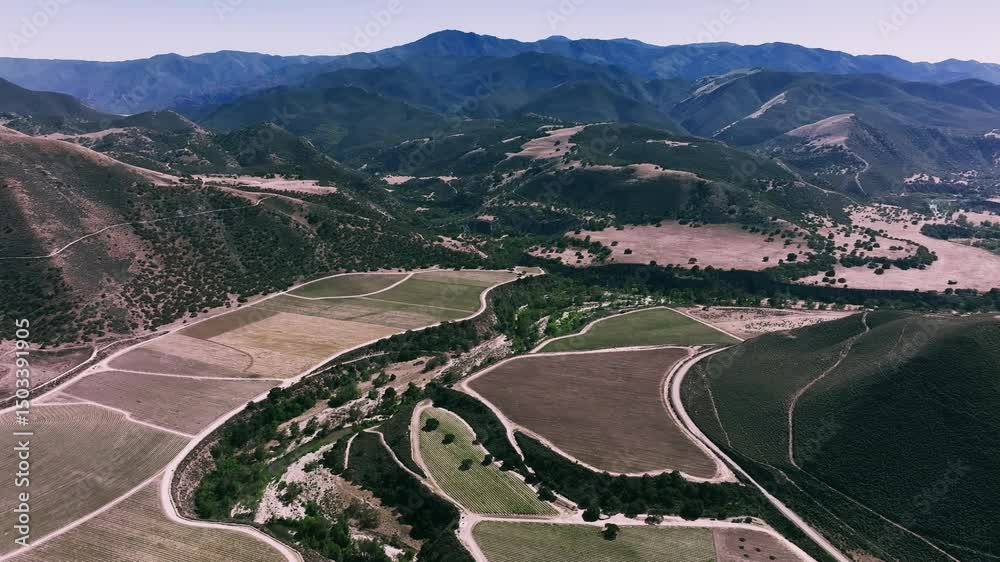 Aerial pan of rich southern Monterey, Arroyo Seco Canyon.  Vineyards and agricultural fields along the banks of the river