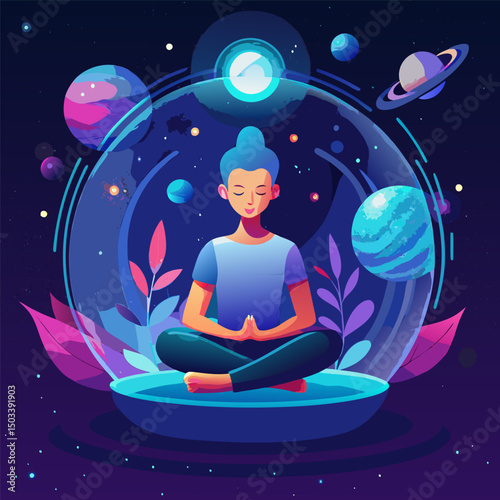 Dreamy vector illustration of a man meditating in lotus position under a starry night sky
