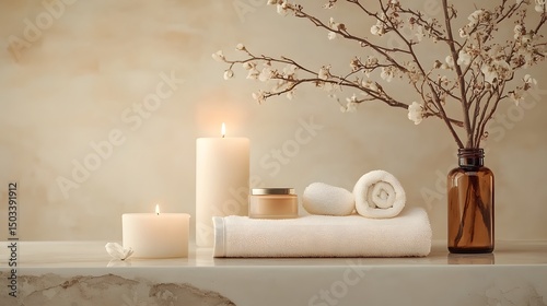 Candlelit Spa Scene with Skincare Products and Towels