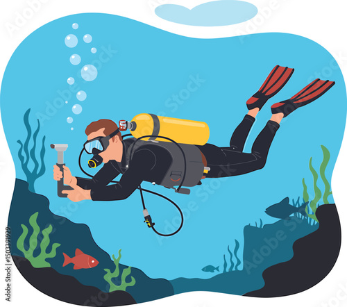 Scuba diver exploring underwater world with a camera in a flat illustration style