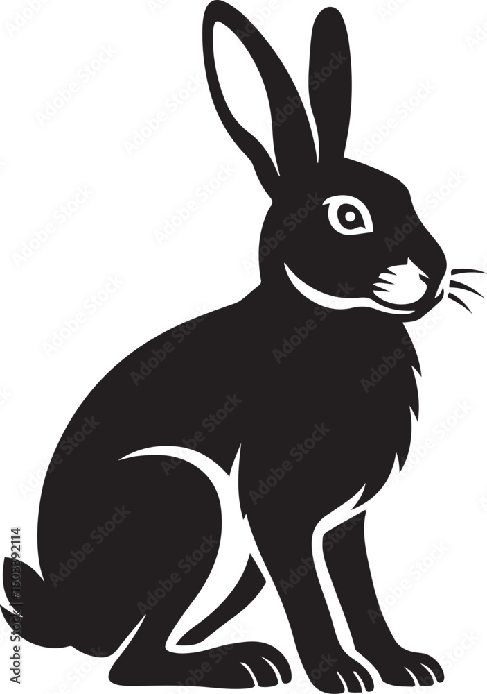 Fototapeta premium Elegant sitting hare black silhouette, Graceful black hare animal figure