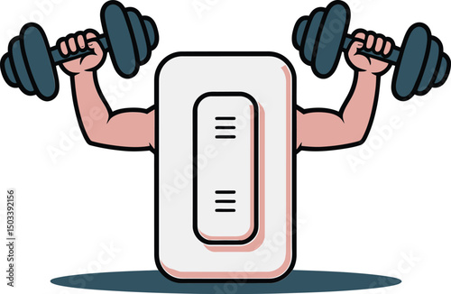 Strong mobile application icon symbol showing fitness and exercise using dumbbells and muscular arms