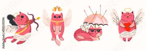 Set of character cats cupid valentines day. Cartoon cat shoots hearts from a bow. Romantic cats characters cupids guardian angels. 