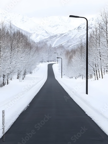 Snowy Road Winding Through a Snow Covered Mountain Landscape