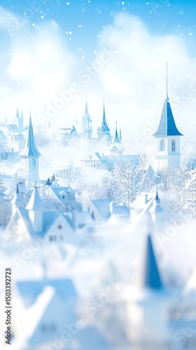 Snowy Village Rooftops Emerging from Dense Fog