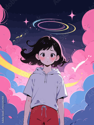 a dreamy portrait of a young person wearing a simple T-shirt or hoodie, anime-inspired cel-shading with bold outlines