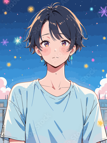 a dreamy portrait of a young person wearing a simple T-shirt or hoodie, anime-inspired cel-shading with bold outlines