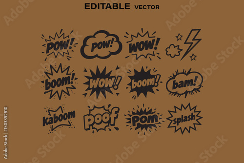 Twelve Black Comic Book Sound Effects Vector Graphics