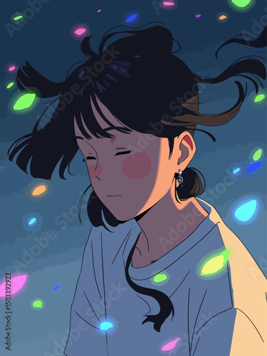 a dreamy portrait of a young person wearing a simple T-shirt or hoodie, anime-inspired cel-shading with bold outlines