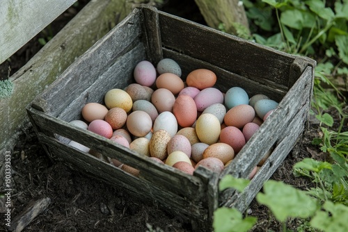 Colorful eggs in rustic wooden crate photo