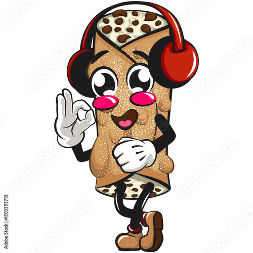 cute cannoli vektor illustration mascot character listening to headset while dancing, work of hand drawn