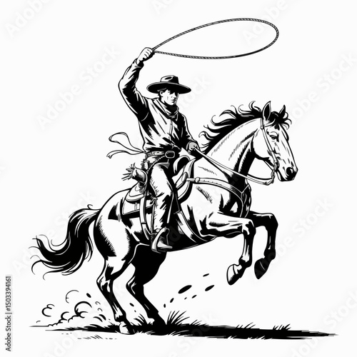 Dynamic Silhouette of Cowboy on Rearing Horse with Lasso – Bold Western Icon in Classic Black and White Rodeo Style	
