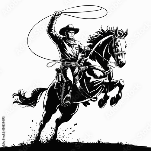 Dynamic Silhouette of Cowboy on Rearing Horse with Lasso – Bold Western Icon in Classic Black and White Rodeo Style	