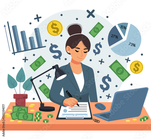 Illustration of accountant woman working on white background.