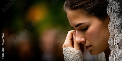 Young woman in white dress and lace mantilla praying