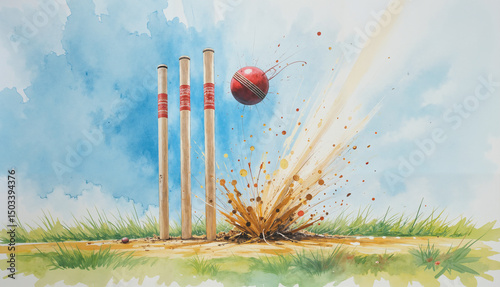Watercolor painting of cricket stumps knocked into the air by red cricket ball, soft flowing colors and gentle brushstrokes, expressive sports action against light blue sky and green grass background 