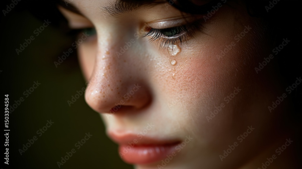 Fototapeta premium Crying young woman with tears running down her face
