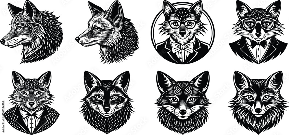 Fototapeta premium Fox silhouette set - isolated vector images of wild animals 