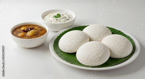 Side view of Indian idli steamed rice cakes with sambar and coconut chutney, minimal clean traditional South Indian breakfast scene