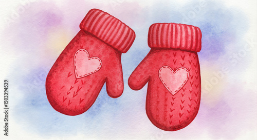 Watercolor painting of red mittens with heart design, soft pastel background, cozy and warm winter mood with copy space